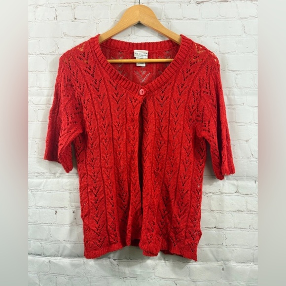 Kim Rogers Cardigan Womens Size Large Red Crocheted Short Sleeve Casual Sweater - Picture 1 of 5